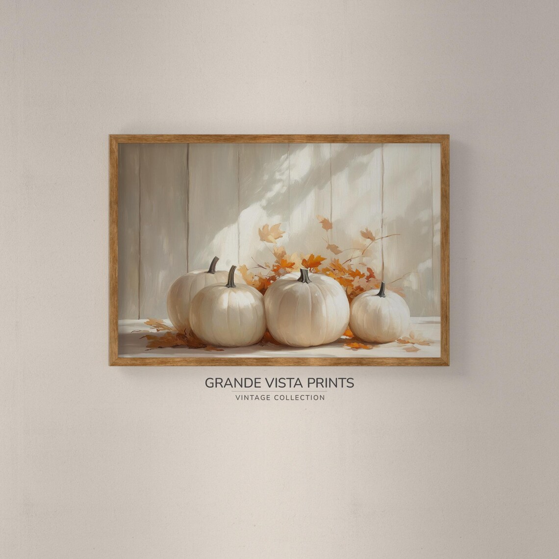 White Pumpkins Four Autumn Leaves Soft Light Vintage Fall Farmhouse Poster - Image 2