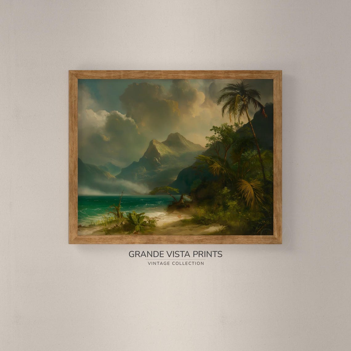 Tropical Island Shore Palm Trees Misty Peaks Vintage Landscape Poster - Image 4