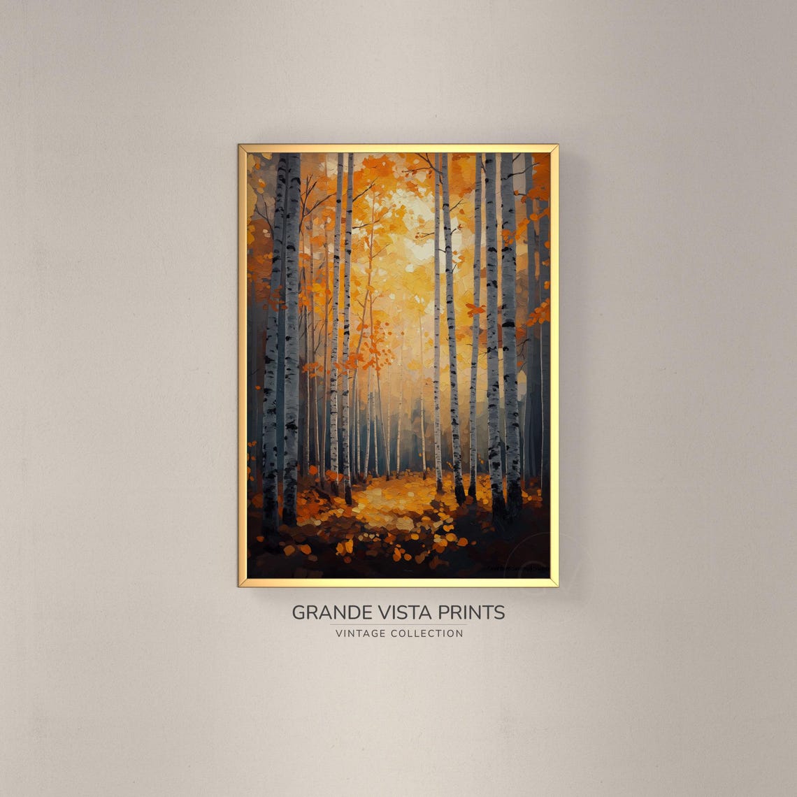 Golden Birch Forest Portrait Glowing Canopy Fall Vintage Wall Art