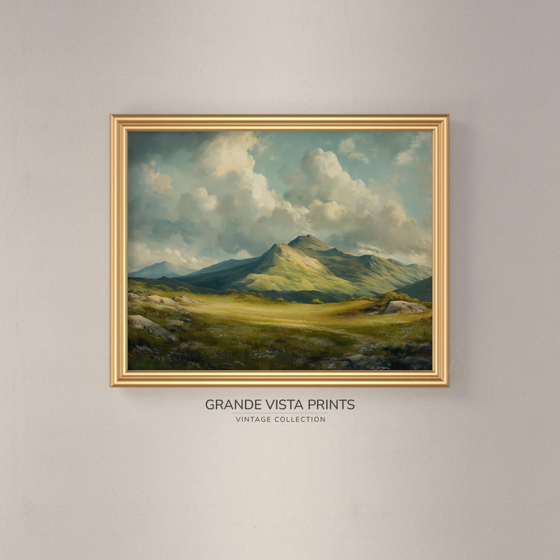 Green Mountain Meadow Distant Peak Cloudy Sky Pastoral Travel Poster - Image 3