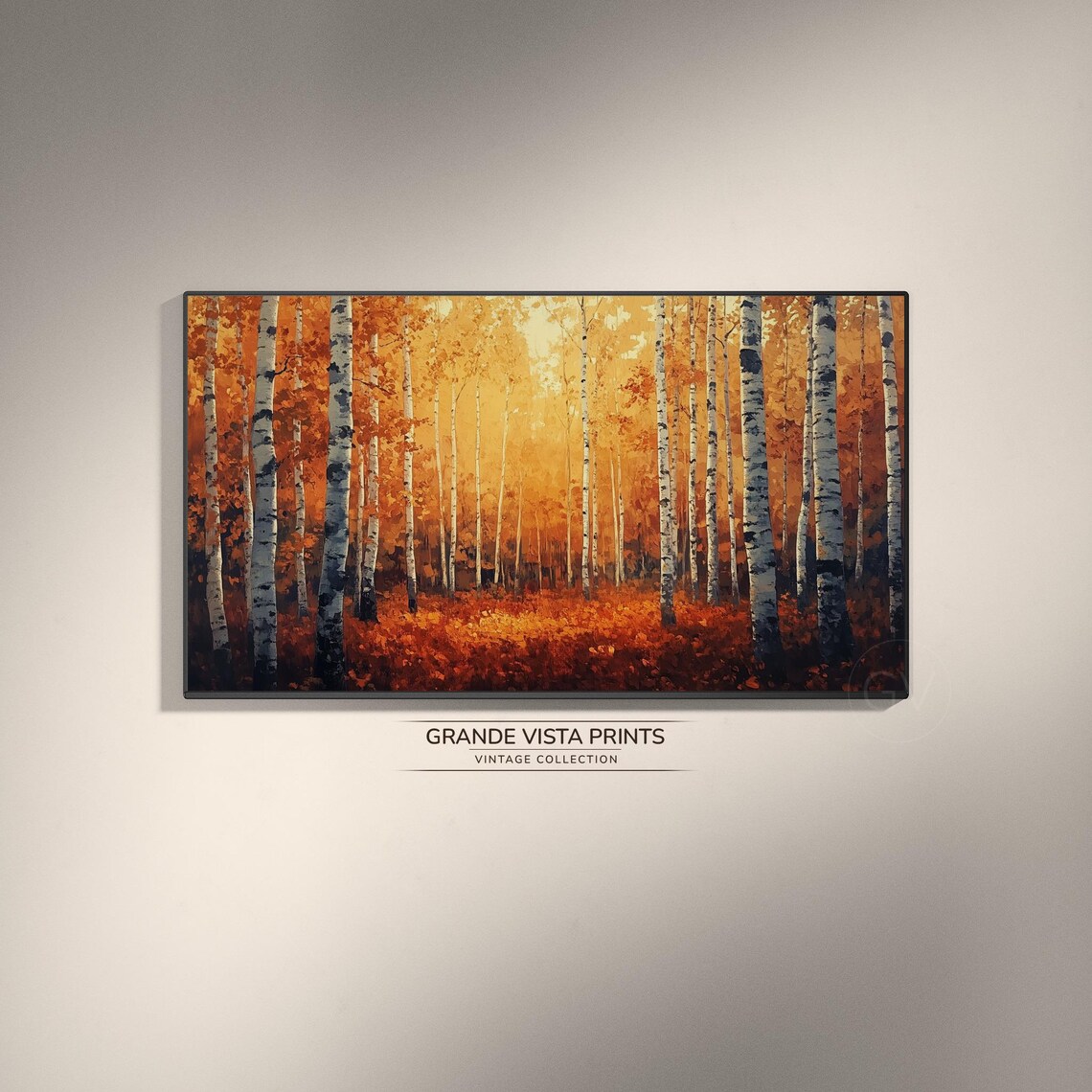 Glowing Orange Birch Grove Fiery Autumn Leaves Vintage Wall Art