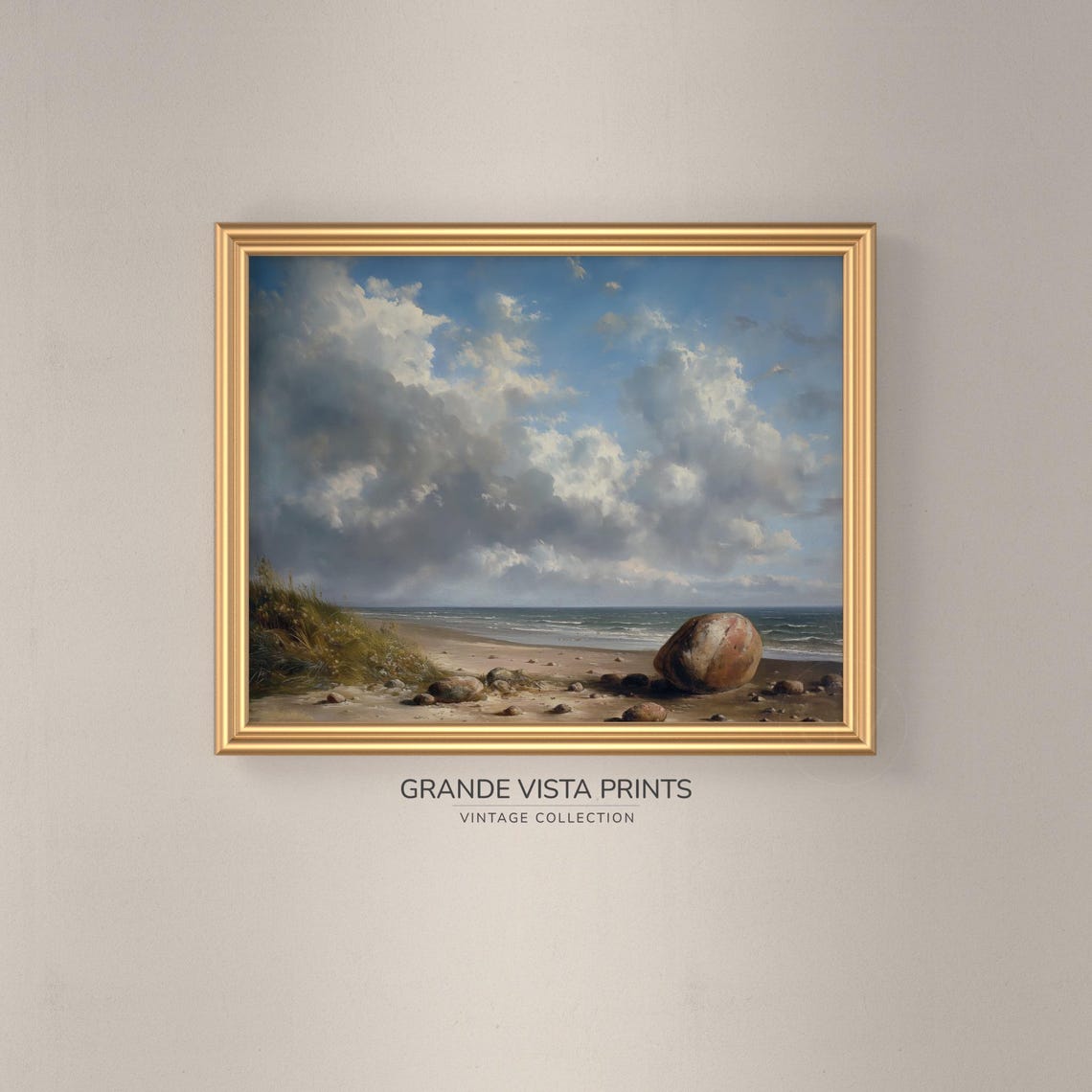 Rocky Seashore Pebble Beach Dramatic Clouds Coastal Painting Poster - Image 3