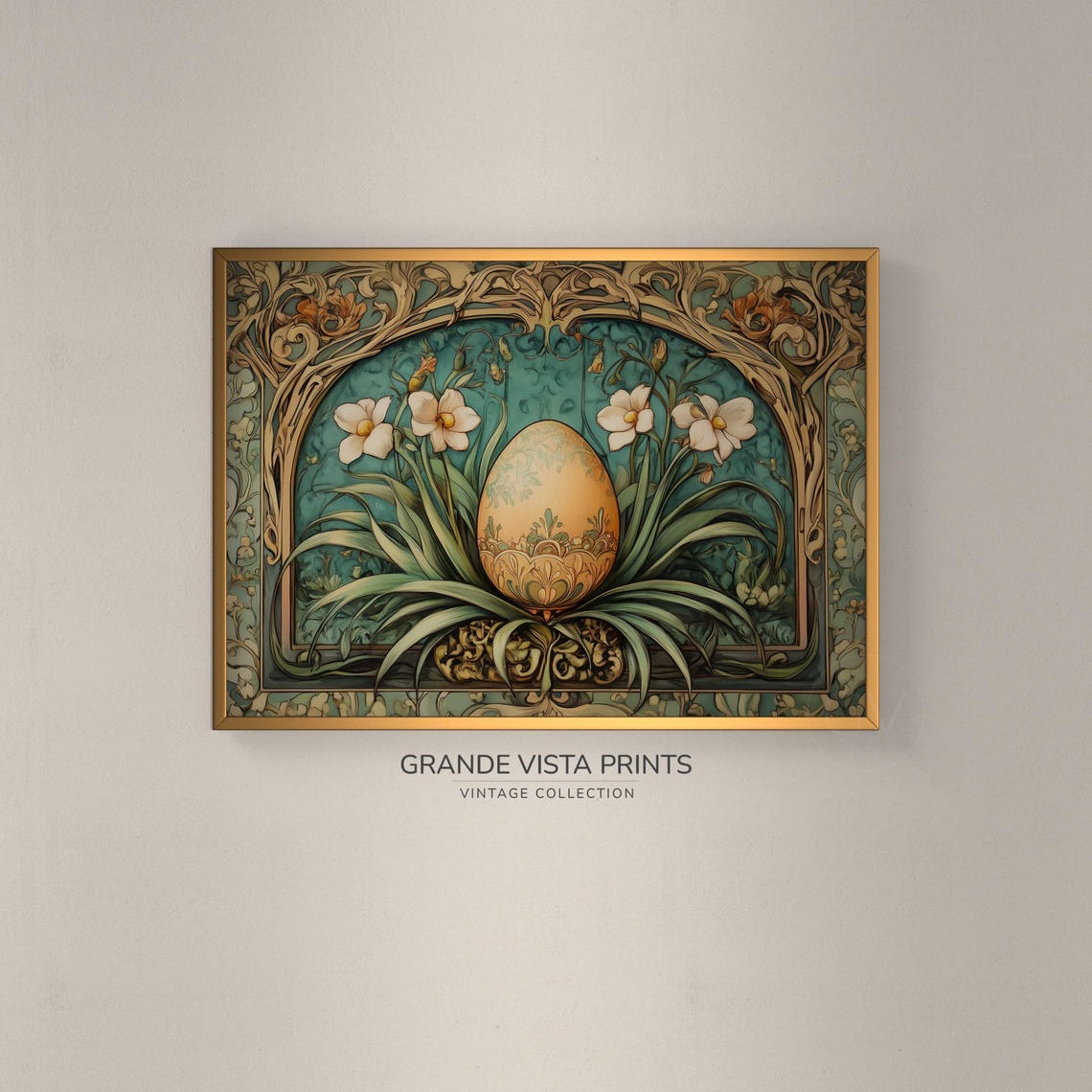 Ornate Easter Egg in Flower Arch Art Nouveau Gold Spring Wall Art
