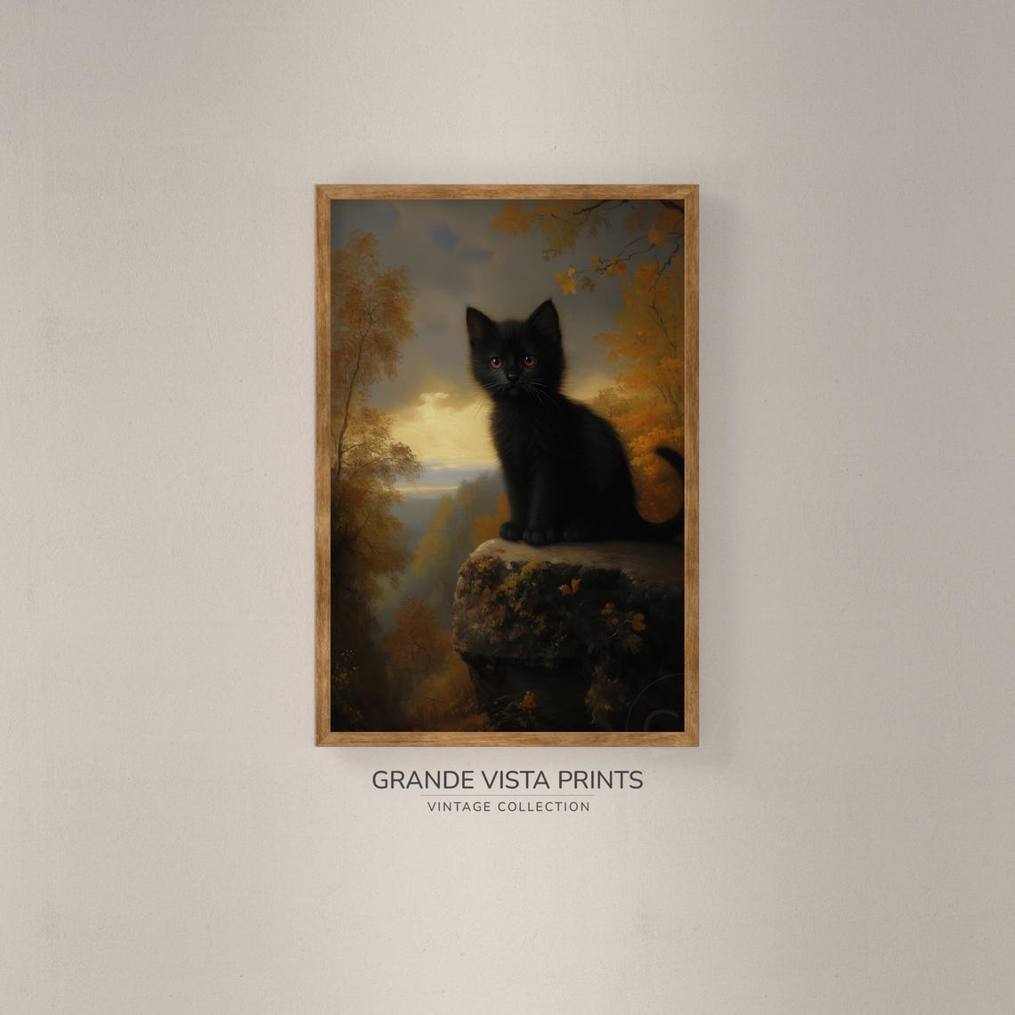 Black Kitten Cliff Ledge Autumn Forest Sunset Cute Cat Animal Wall Art - Image 2