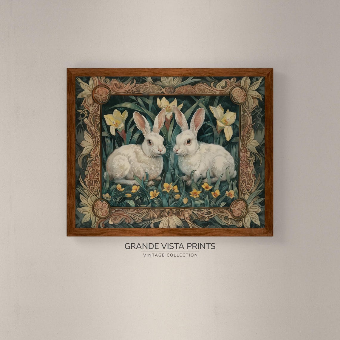 Two White Rabbits Among Yellow Lilies Nouveau Border Easter Wall Print - Image 4