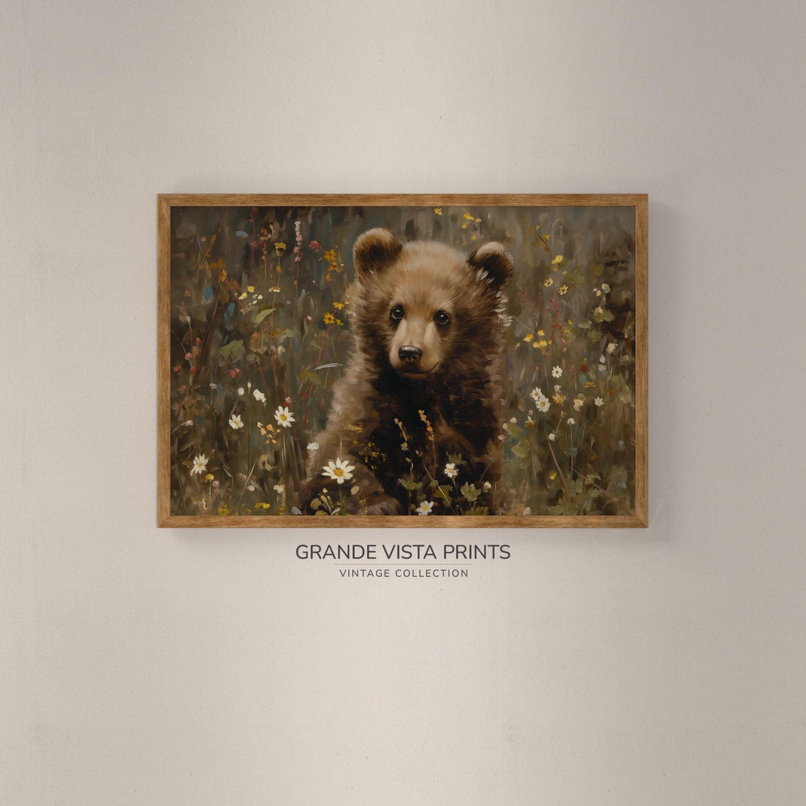 Brown Bear Cub Daisy Meadow Vintage Wildlife Wall Art Poster - Image 2