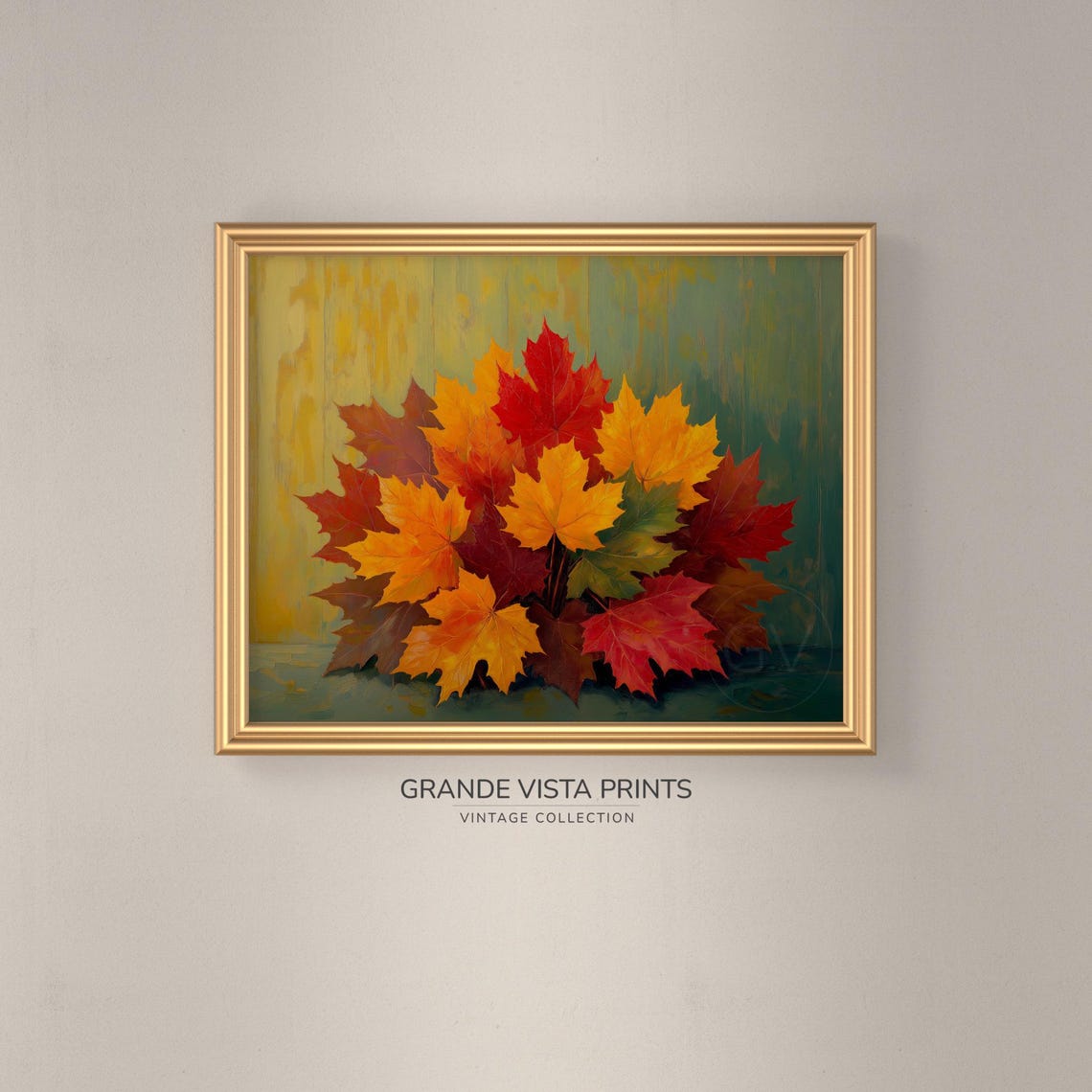 Maple Leaf Bouquet Teal Green Backdrop Fall Foliage Painting Poster - Image 3