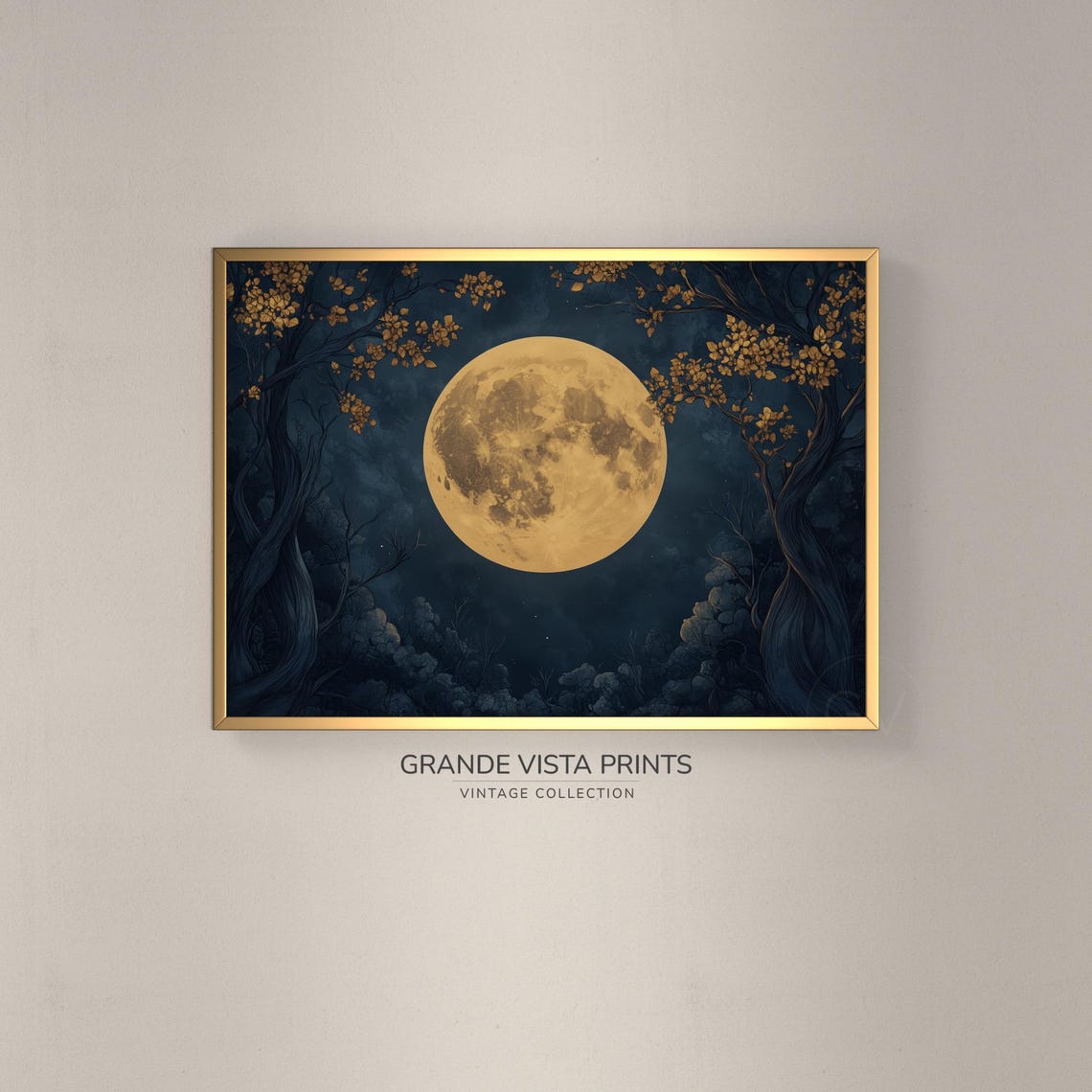 Golden Full Moon Glowing Through Dark Twisted Forest Night Art Poster