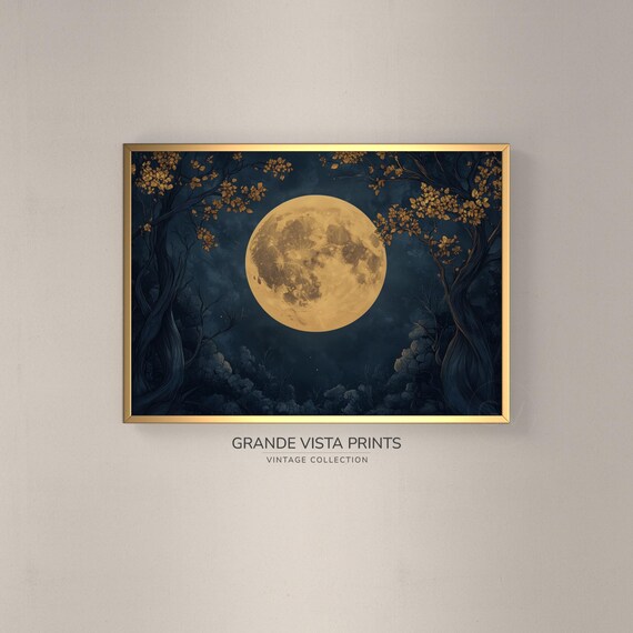 Golden Full Moon Glowing Through Dark Twisted Forest Night Art Poster