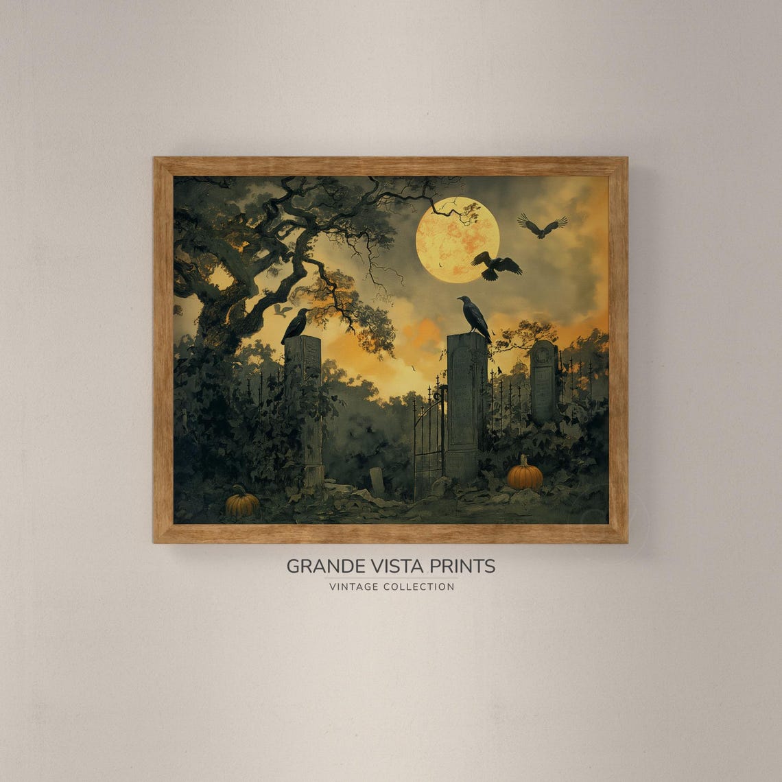 Black Crows on Cemetery Gate Under Full Moon Spooky Halloween Poster - Image 4