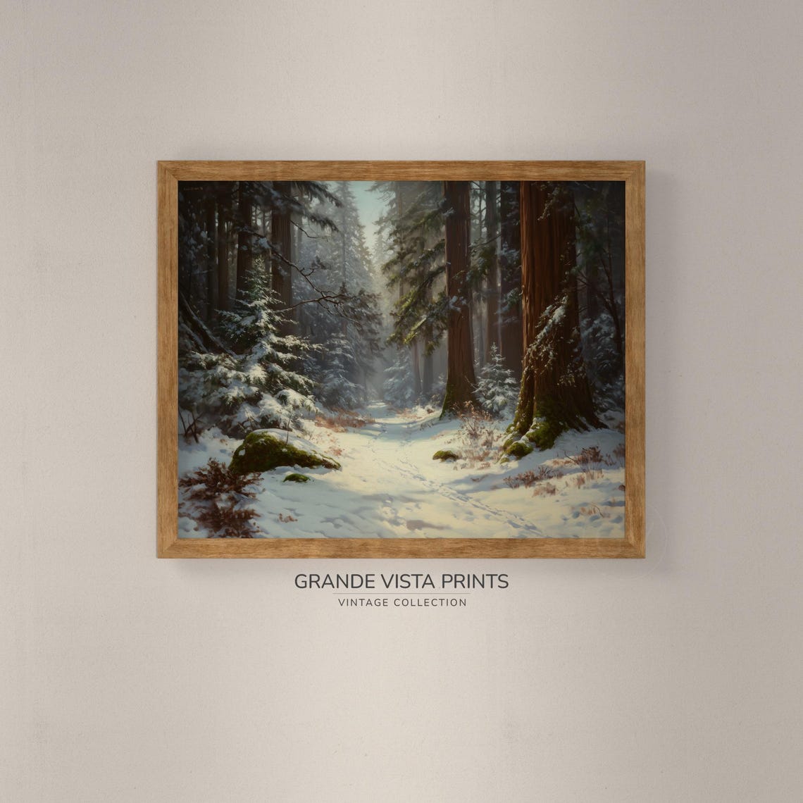 Snowy Redwood Forest Winter Path Sunlit Evergreens Vintage Poster - Image 4