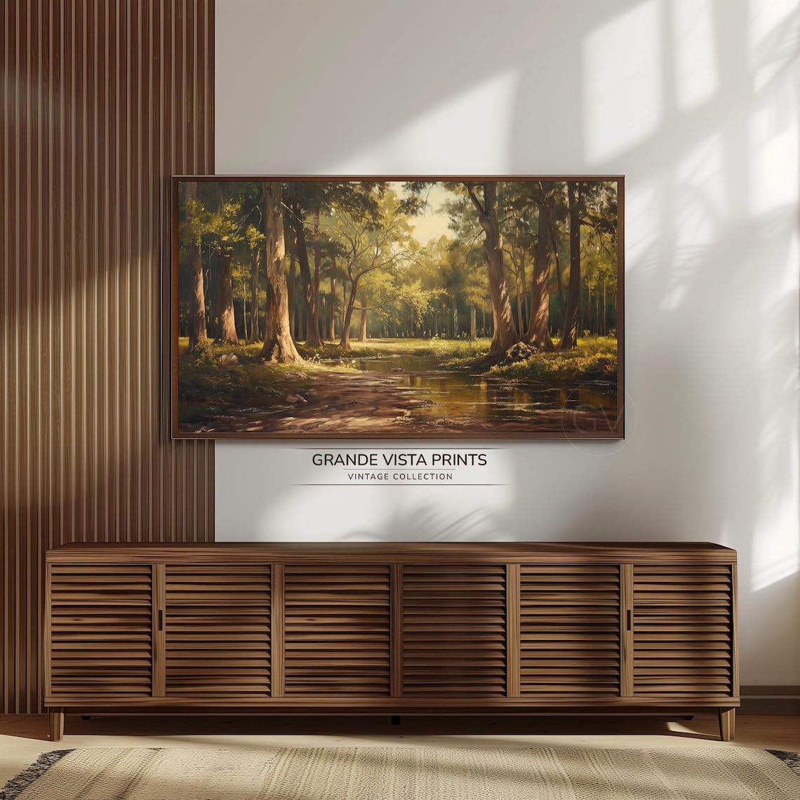 Sunlit Forest Stream Tall Trees Golden Woodland Landscape Poster - Image 3