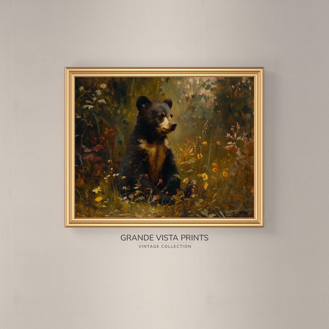 Black Bear Cub Golden Meadow Vintage Wildlife Portrait Wall Poster - Image 3