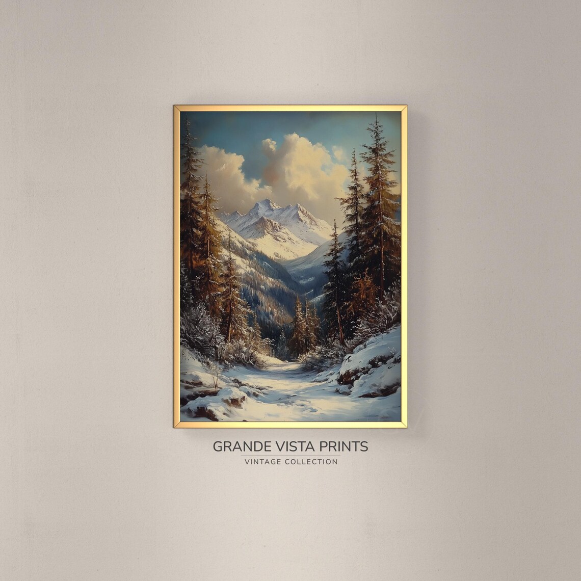 Snowy Pine Forest Mountain Valley Vintage Winter Landscape Poster