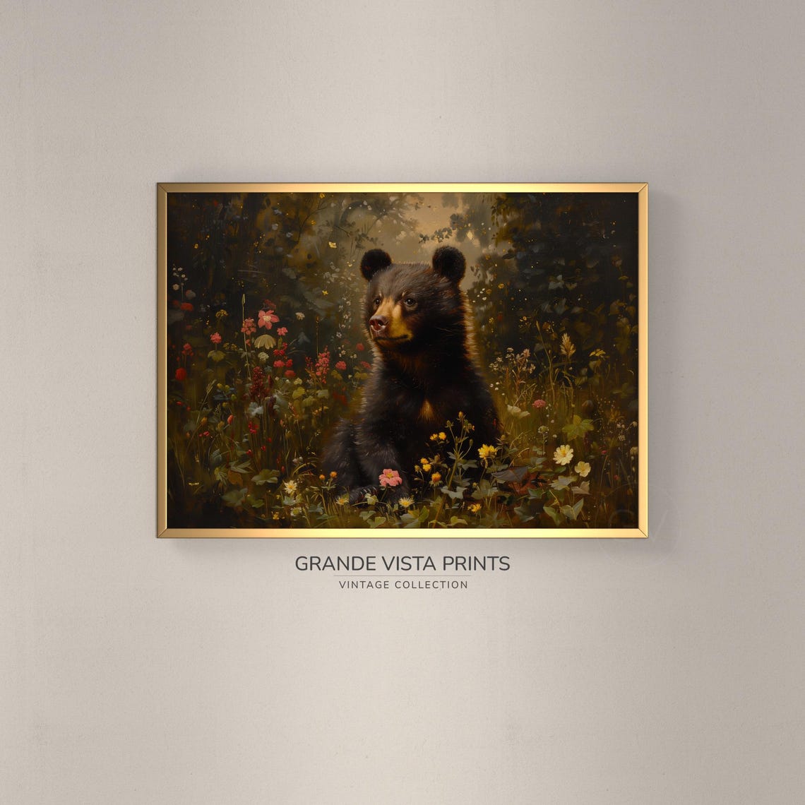 Black Bear Cub Wildflower Garden Golden Forest Wildlife Wall Poster