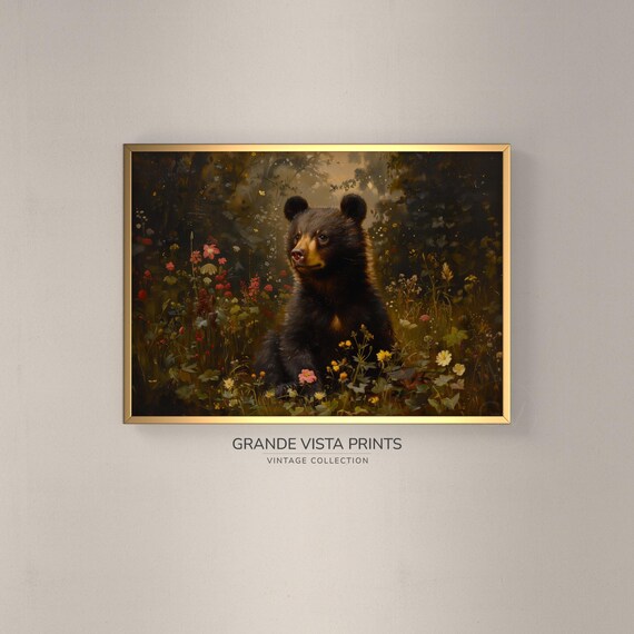 Black Bear Cub Wildflower Garden Golden Forest Wildlife Wall Poster