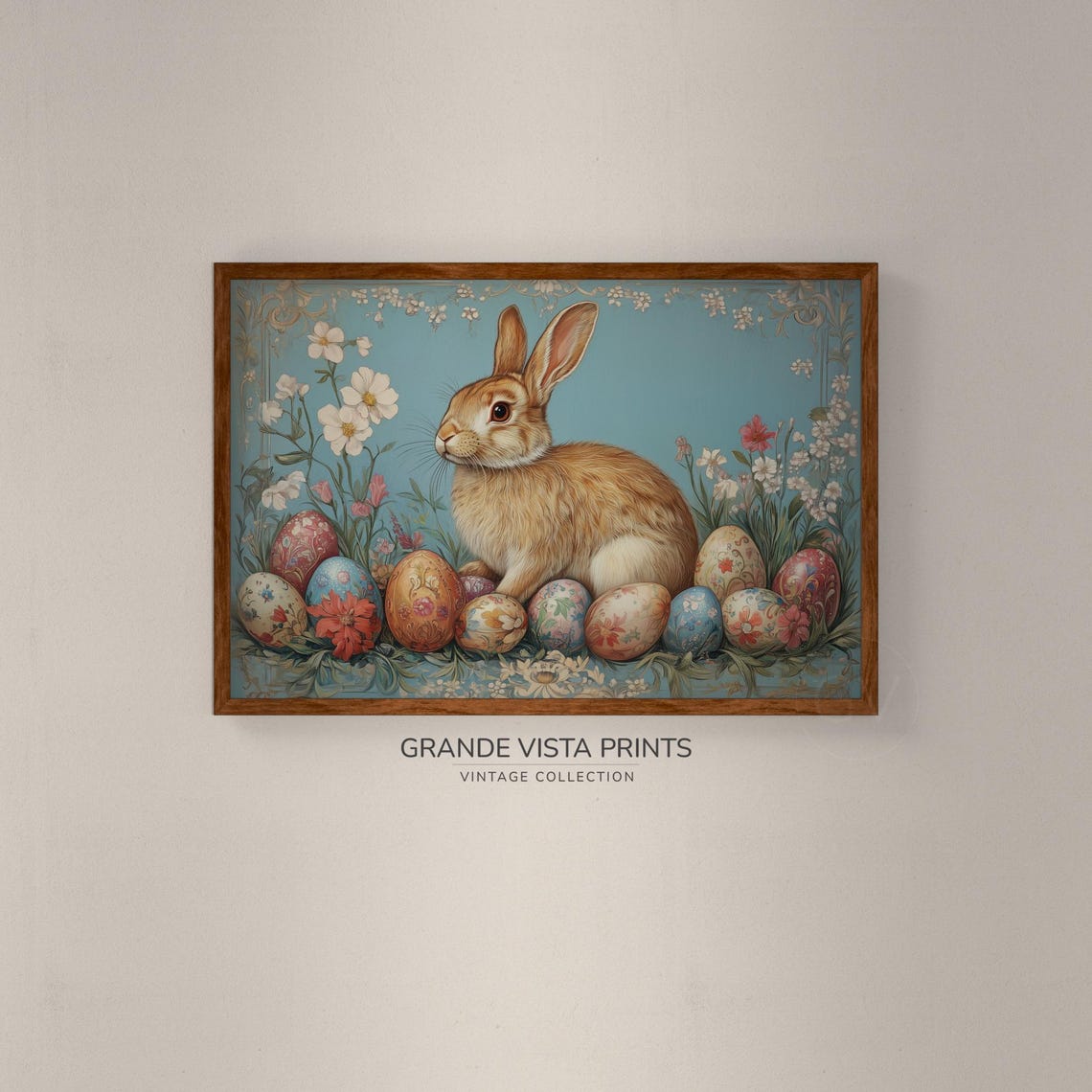 Tan Rabbit Painted Easter Eggs Teal Blue Vintage Spring Wall Art - Image 2