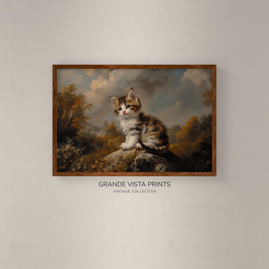Fluffy Kitten Autumn Rock Vintage Oil Painting Cute Cat Poster - Image 2