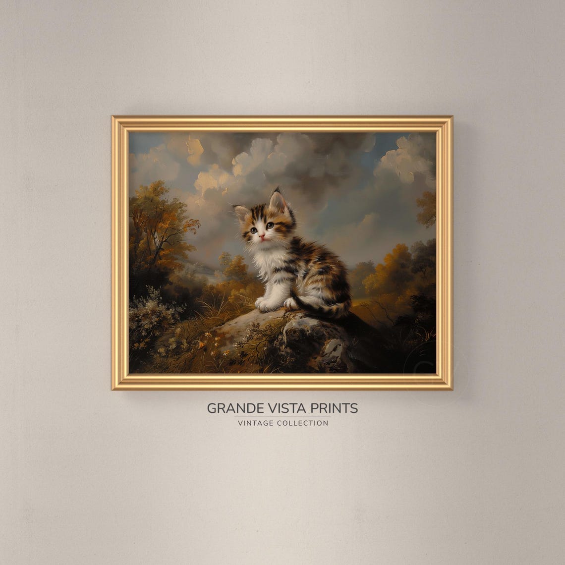 Fluffy Kitten Autumn Rock Vintage Oil Painting Cute Cat Poster - Image 3