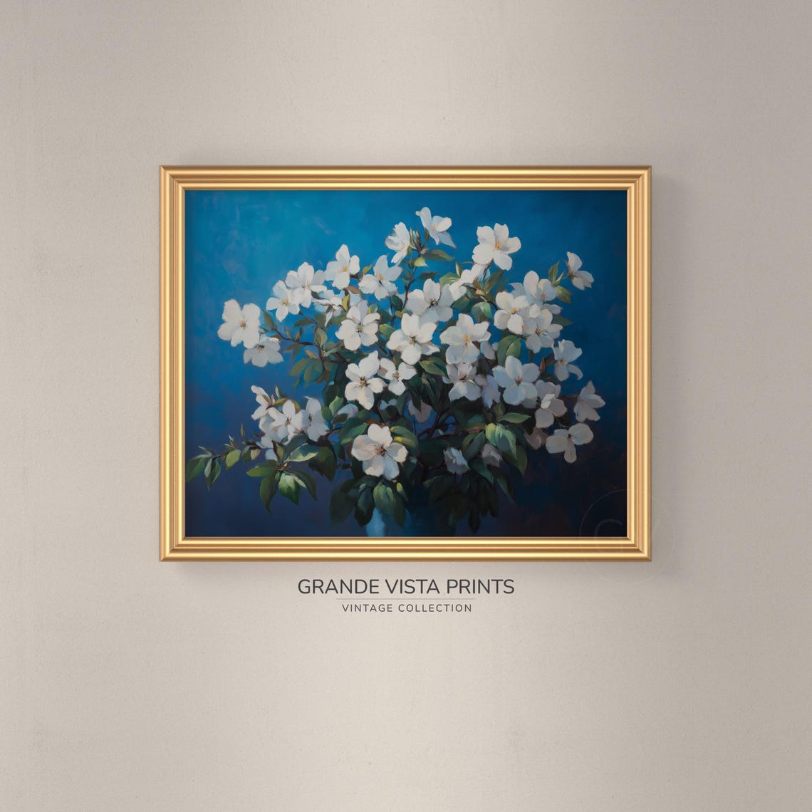 White Blossom Branches Deep Blue Vintage Floral Wall Art Print - Image 3