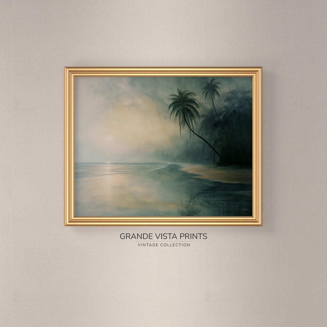 Dark Tropical Beach Misty Palm Trees Moody Ocean Shoreline Art Poster - Image 3