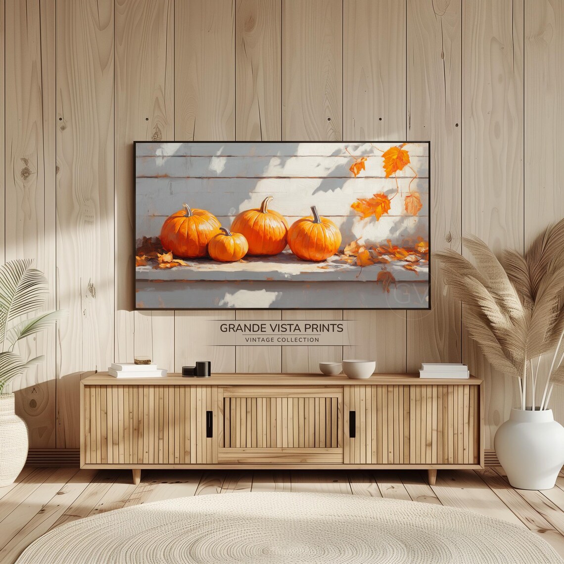 Four Orange Pumpkins White Wooden Wall Fall Leaves Vintage Harvest Poster - Image 2