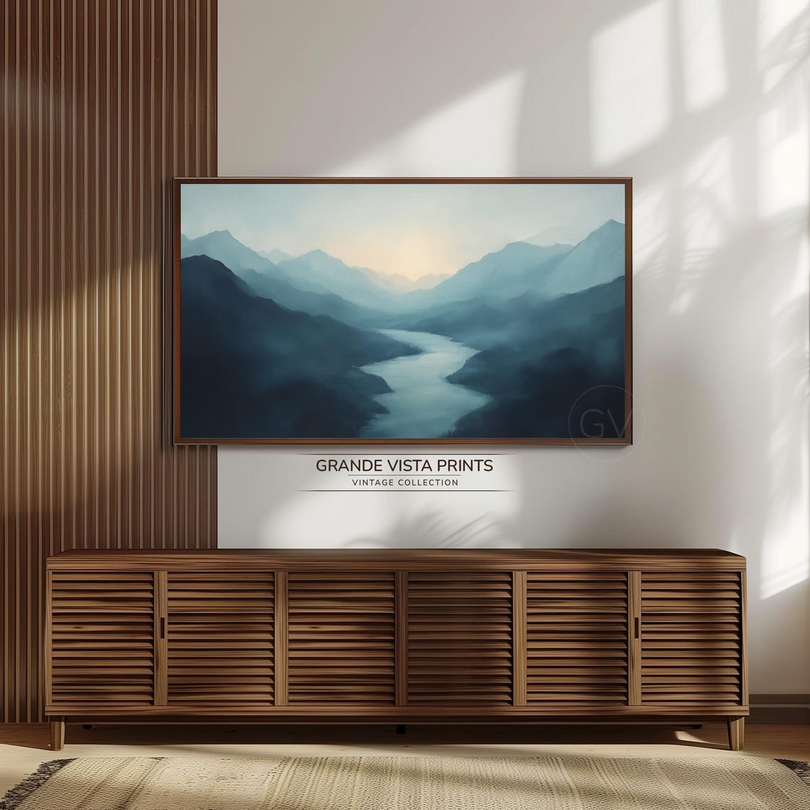 Misty Blue Mountain Valley Dawn River Panoramic View Travel Poster - Image 3