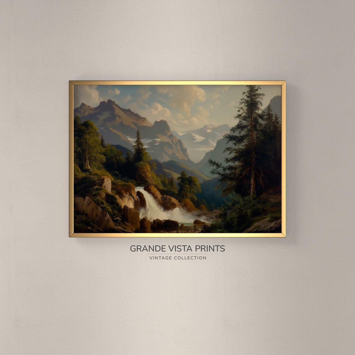 Moutain Waterfall Landscape Painting Mountain Range Wall Art Nature Waterfall Artwork Instant Gv4226