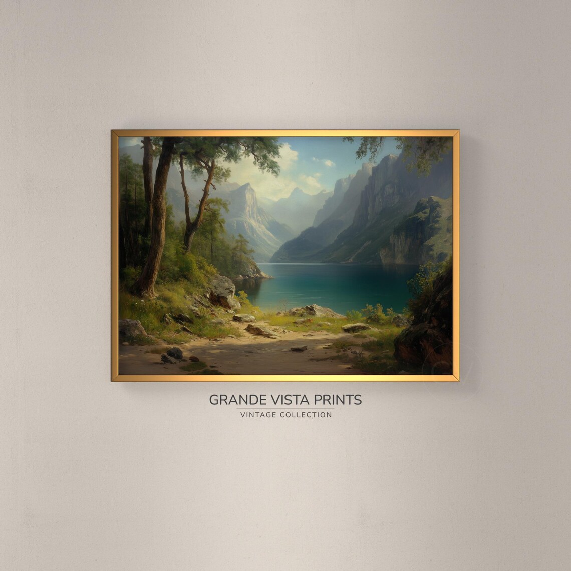 Sunlit Alpine Lake Between Forested Peaks Turquoise Water Vista Poster