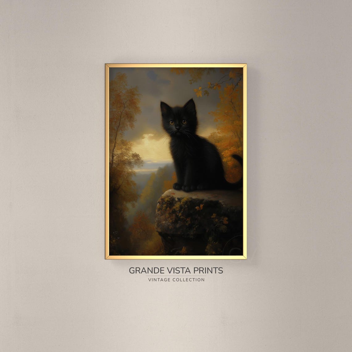 Black Kitten Cliff Ledge Autumn Forest Sunset Cute Cat Animal Wall Art