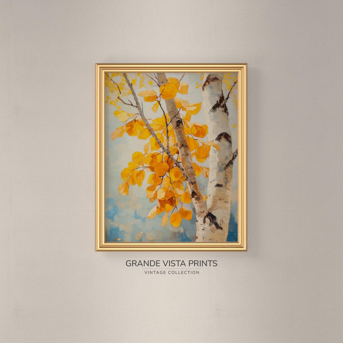 Yellow Aspen Leaves Birch Branch Blue Sky Vintage Painting Print - Image 3
