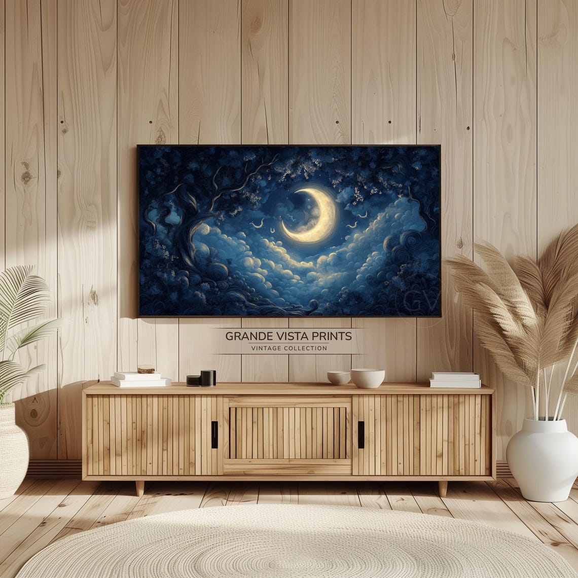 Crescent Moon Night Clouds Dreamy Tree Frame Wall Art Poster - Image 2
