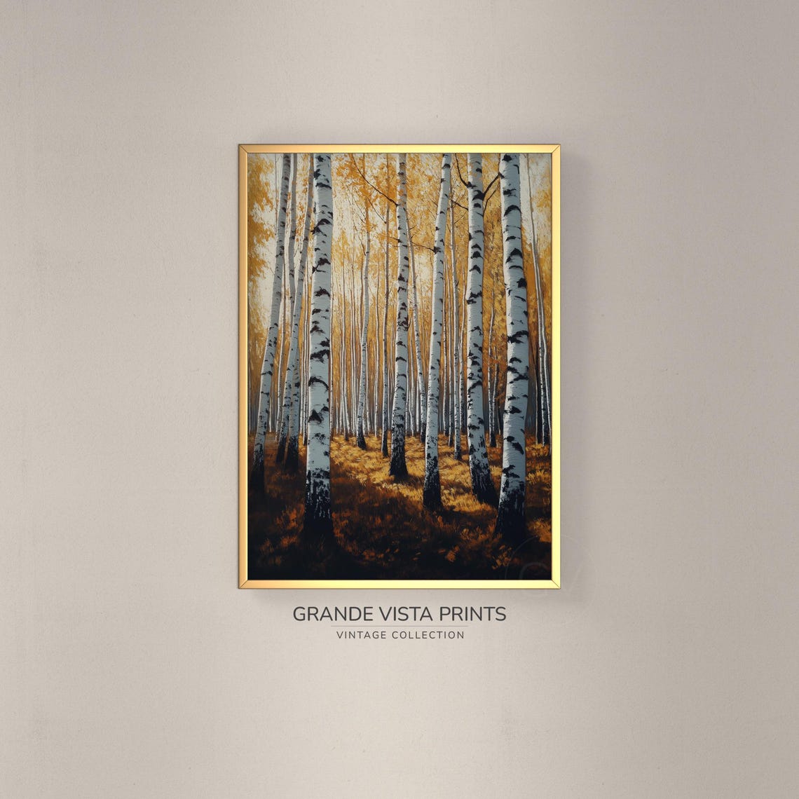 Tall Golden Birch Trees Dark Forest Floor Vintage Autumn Poster