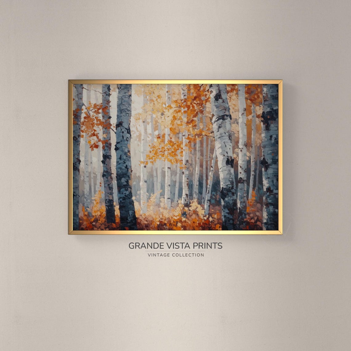 Birch Trunks Blue Gray Shadows Orange Leaves Vintage Autumn Art