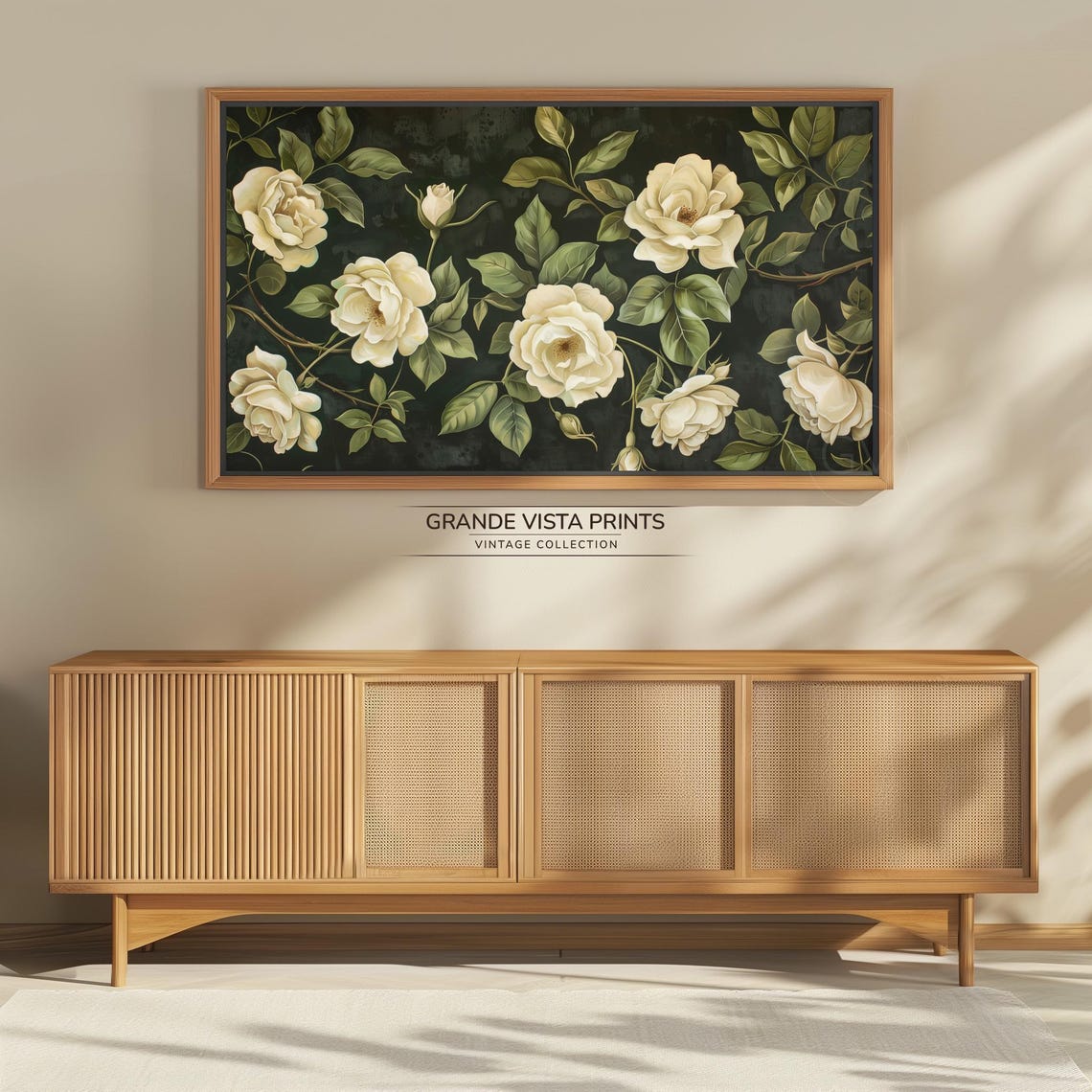 White Roses Dark Botanical Moody Floral Panoramic Vintage Wall Art - Image 4