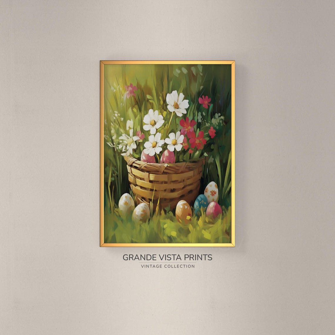 Easter Basket Pink Eggs White Cosmos Spring Meadow Vintage Poster
