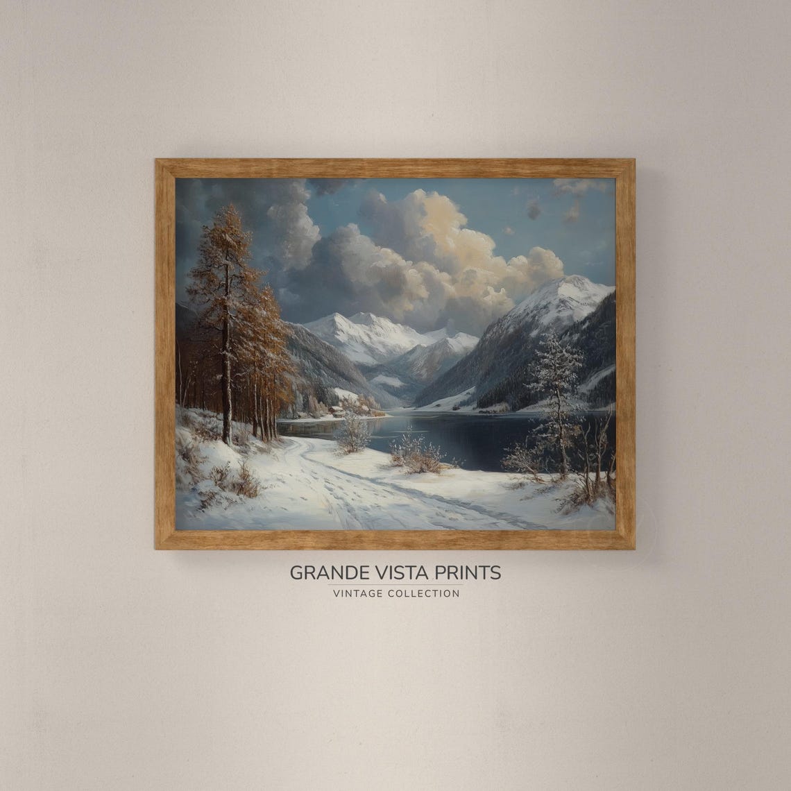 Snowy Mountain Lake Golden Larch Trees Vintage Winter Painting - Image 4