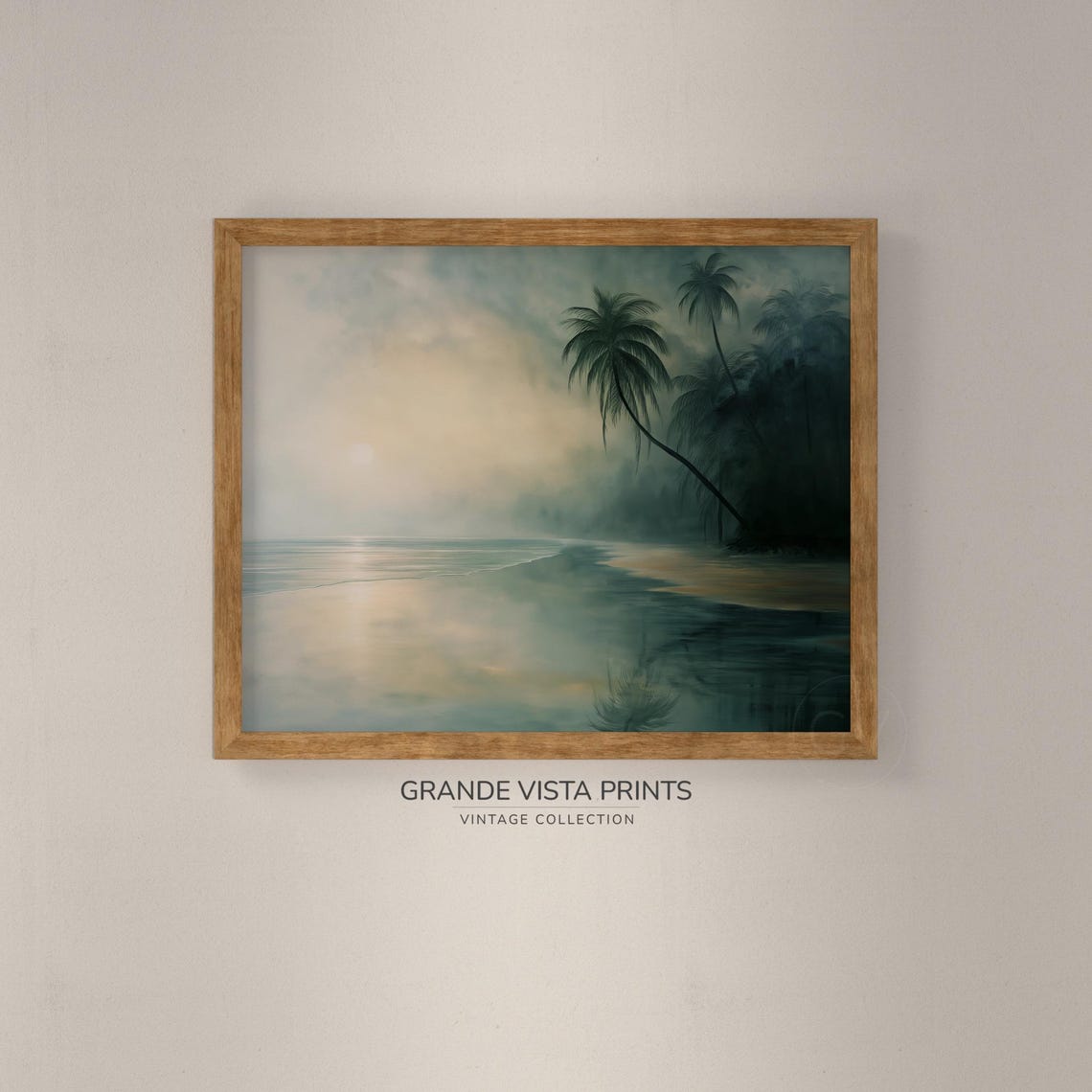 Dark Tropical Beach Misty Palm Trees Moody Ocean Shoreline Art Poster - Image 4