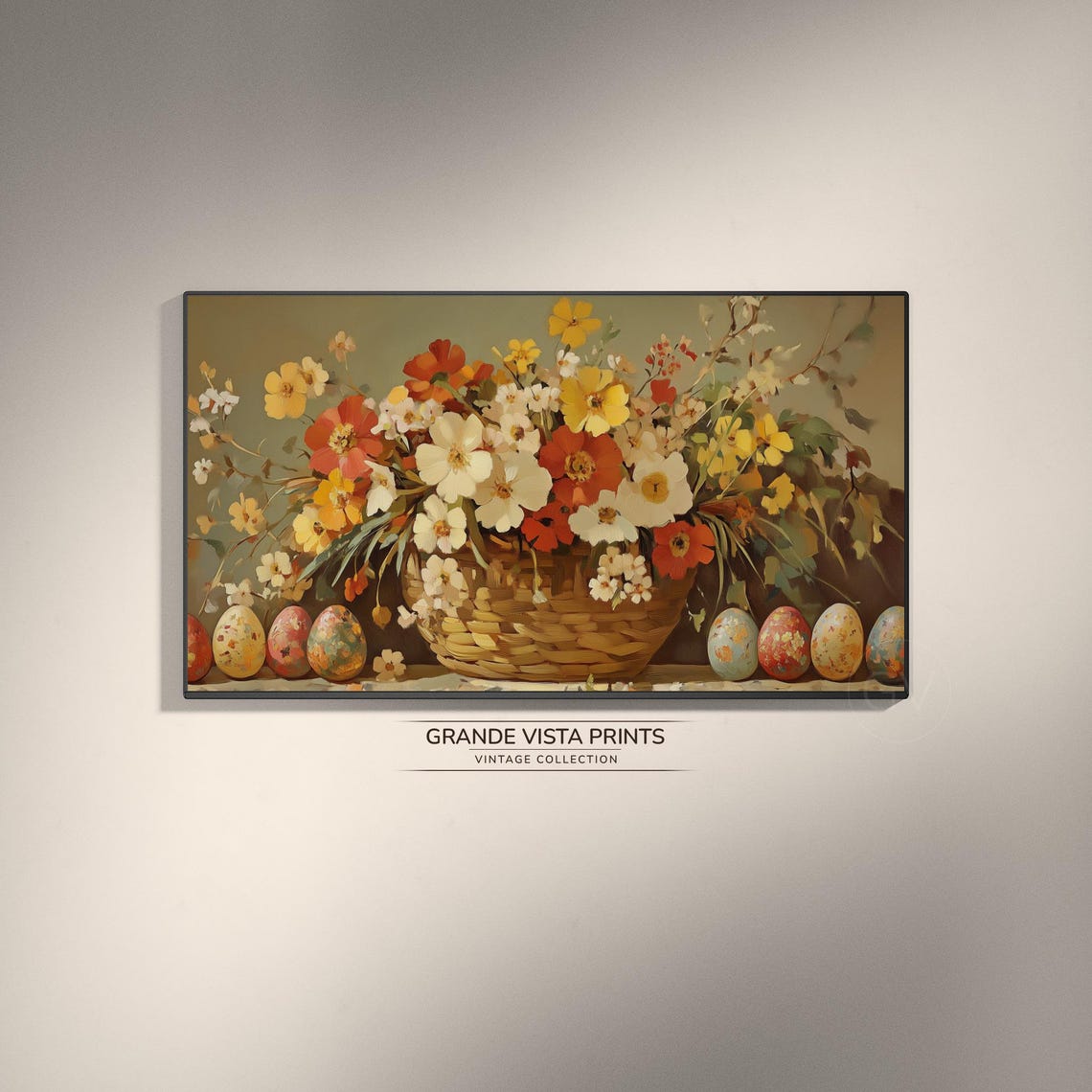 Easter Basket of Spring Flowers Painted Eggs Vintage Floral Wall Art
