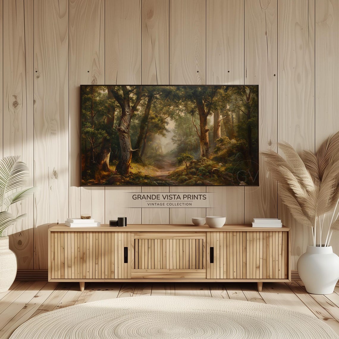 Misty Forest Path Tall Trees Sunlight Vintage Woodland Scene Poster - Image 2