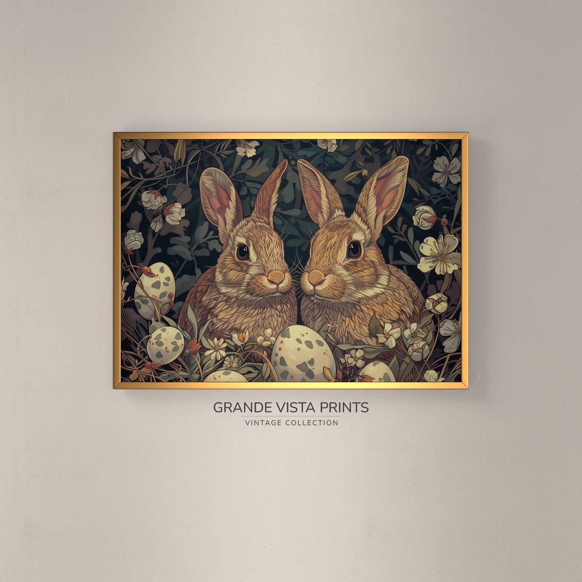 Two Brown Bunnies with Easter Eggs Flowers Vintage Holiday Wall Art