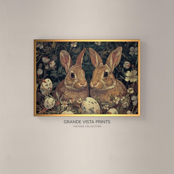 Two Brown Bunnies with Easter Eggs Flowers Vintage Holiday Wall Art