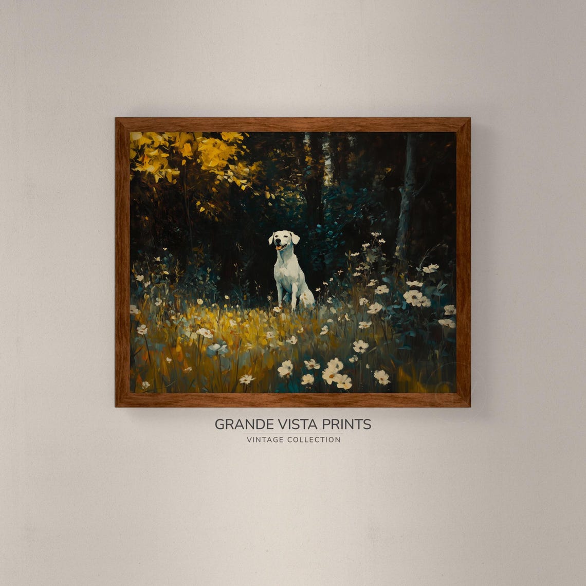 White Dog Wildflower Meadow Dusk Moody Vintage Animal Painting Poster - Image 4
