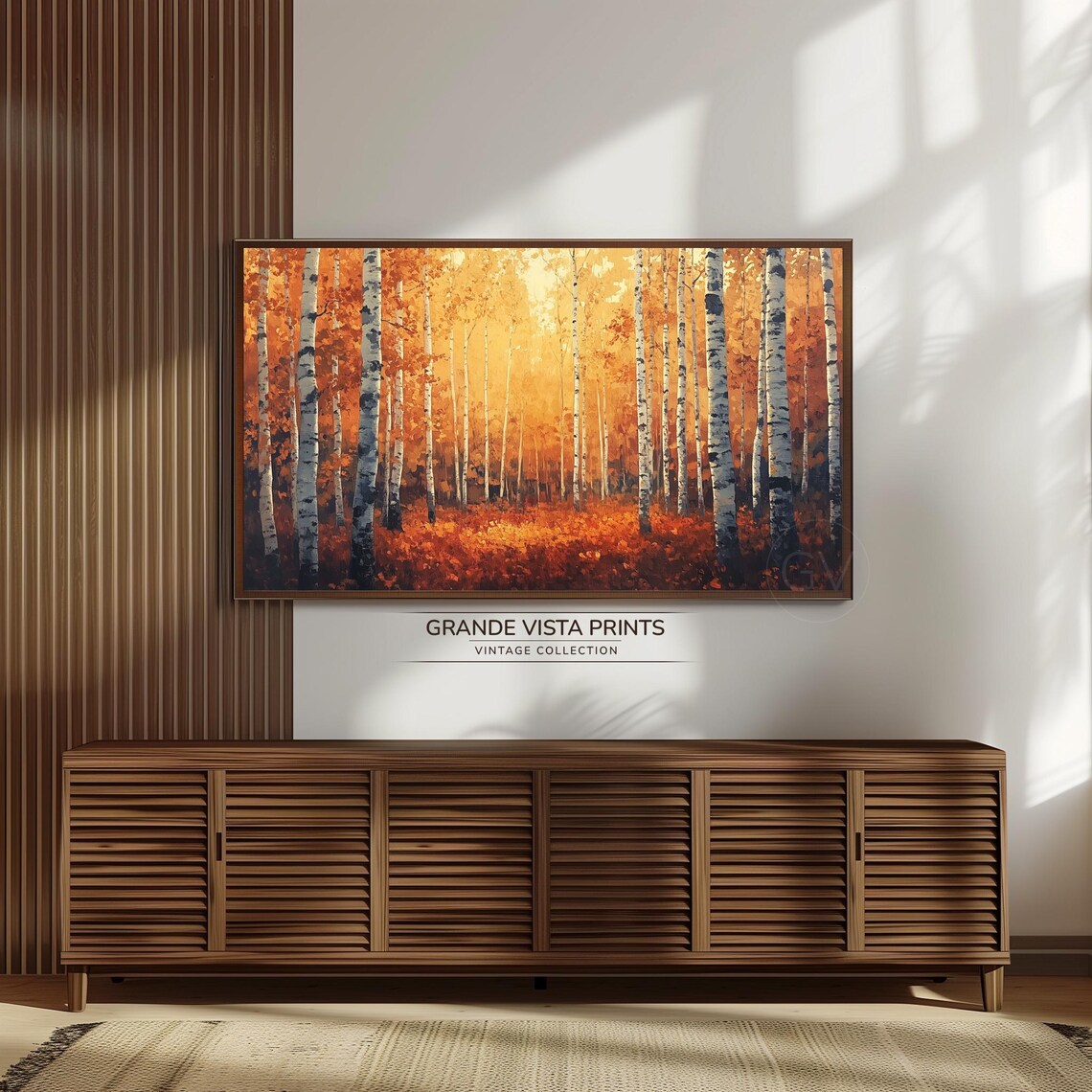 Glowing Orange Birch Grove Fiery Autumn Leaves Vintage Wall Art - Image 3
