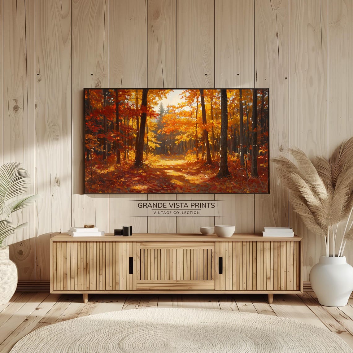 Fiery Autumn Forest Sunbeams Through Red Orange Canopy Fall Art Poster - Image 2
