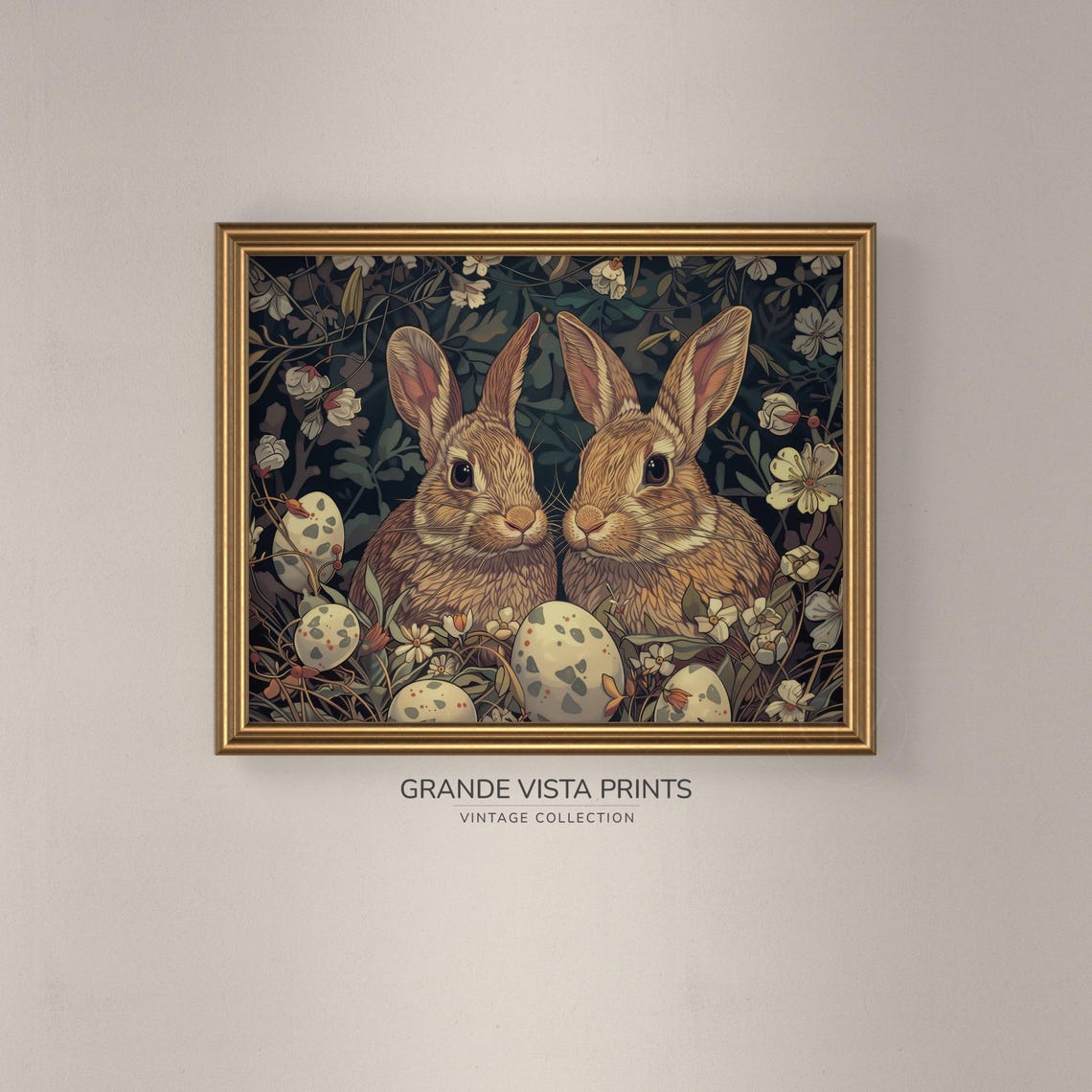 Two Brown Bunnies with Easter Eggs Flowers Vintage Holiday Wall Art - Image 3