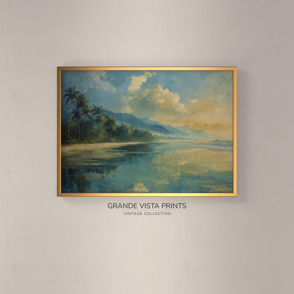 Tropical Beach Palms Mountain Coast Golden Sunset Calm Sea Poster