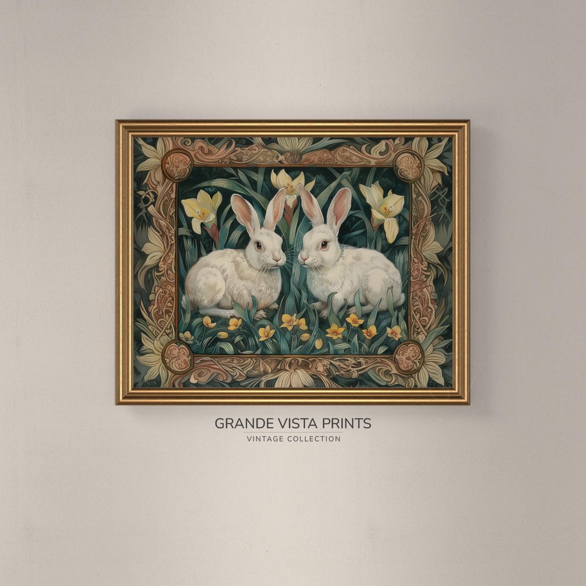 Two White Rabbits Among Yellow Lilies Nouveau Border Easter Wall Print - Image 3