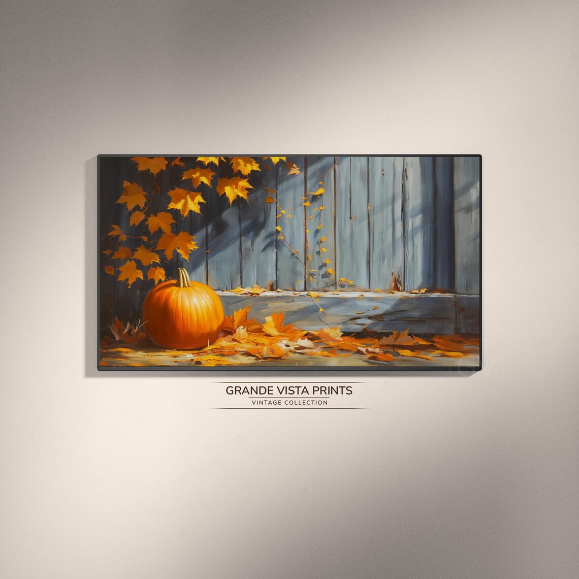 Orange Pumpkin Barn Wall Golden Maple Leaves Fall Harvest Vintage Art Poster