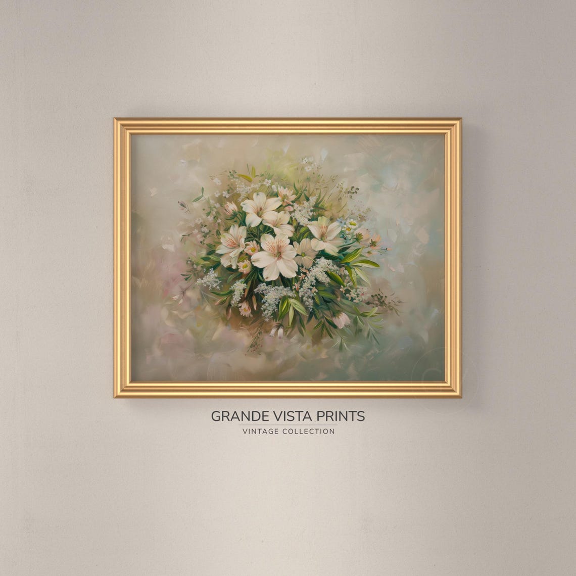 White Lily Bouquet Babys Breath Vintage Floral Still Life Poster - Image 3